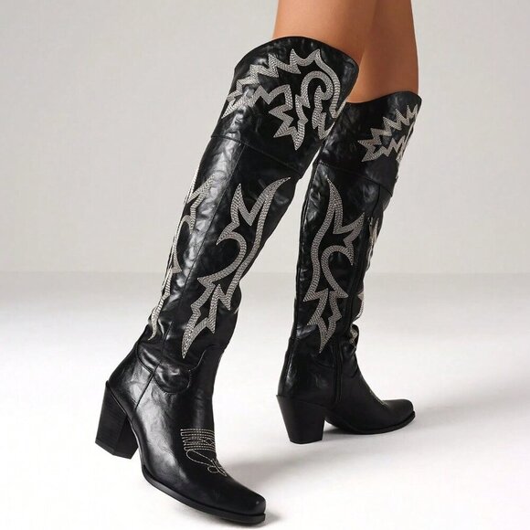 Black Women's Embroider Thigh High Western Cowboy block heels Boots - Picture 4 of 5